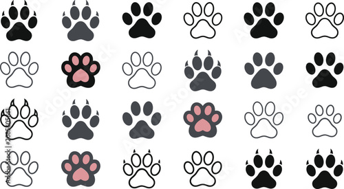 Canvas Print Animal Paw Print Vector Icon Set with Dog, Cat, Bear, and Wild Beast Claw Symbol