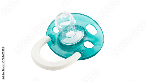 Teal blue baby pacifier with white handle and clear nipple