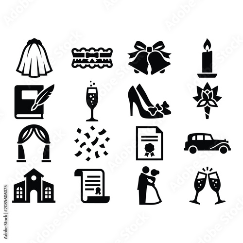 Set of 16 Monochrome Vector Icons for Celebrations and Events isolated on white background