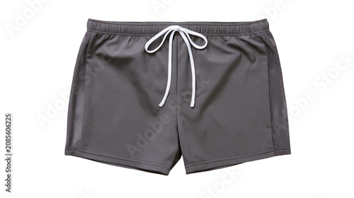 Foto Gray athletic shorts with white drawstring and mesh side panels