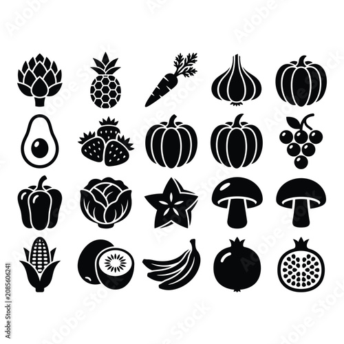 Set of 20 Black Silhouette Food and Vegetable Icons in Flat Vector Style isolated on white background