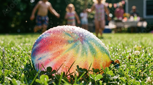Water balloon, grass, child, summer, backyard, splash colorful wet toy on lawn with family play in soft focus and cheerful outdoor leisure scene