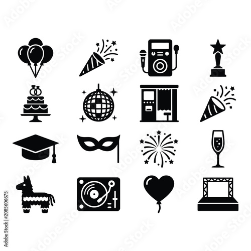 Set of 12 Black Vector Icons for Celebration, Education, and Entertainment isolated on white background