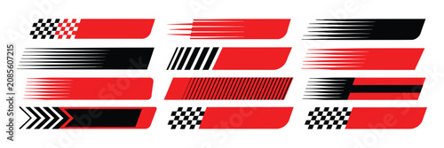 Konstfotografi Dynamic racing stripes and checkered flag icon collection, motorsport speed symbols, finish line graphics, motocross labels, competition badge elements, automotive racing design, modern flat vector