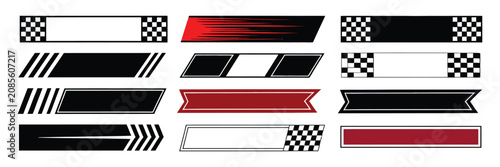 Dynamic racing stripes and checkered flag icon collection, motorsport speed symbols, finish line graphics, motocross labels, competition badge elements, automotive racing design, modern flat vector.
