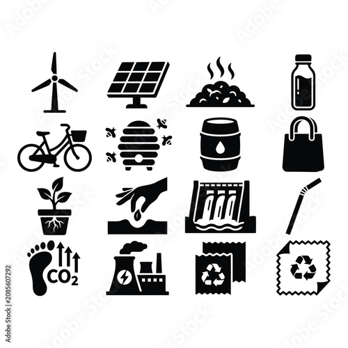 Set of 16 Black Eco Energy and Sustainability Vector Icons on White Background isolated on white background