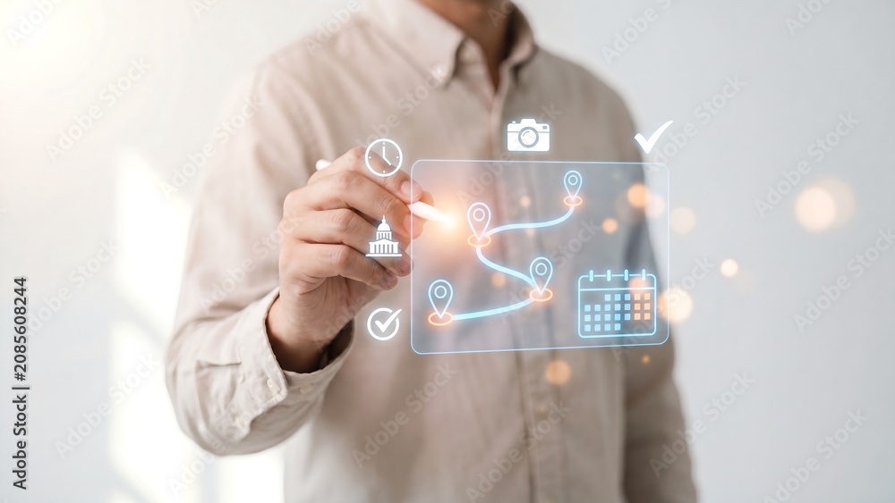 Obraz premium Man touching a virtual screen with a route map of location pins, calendar, clock, camera and landmark icons in bright light as a travel planning and trip itinerary concept