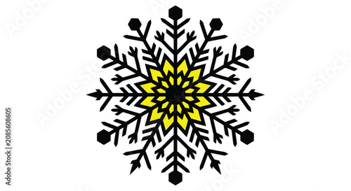 Foto Yellow snowflake with black outline on a white background a detailed crystalline