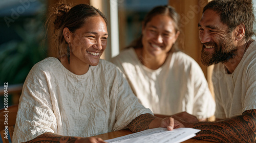 Maori couple in their thirties sitting at a dining table in morning light, one partner sliding a financial goal chart across the table to the other, the document showing a shared