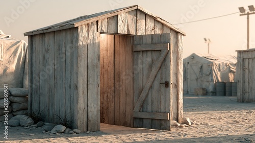 A simple wooden latrine structure in a military camp corner.