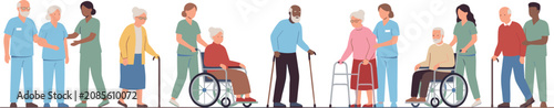 Elderly care and nursing home concept vector illustration featuring senior citizens walking with canes walkers wheelchairs and nurse caregivers in scrubs