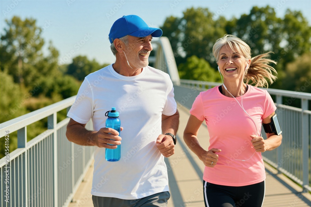 Obraz premium Senior couple jogging together on sunny day footbridge. Man holds water bottle, woman wears earbuds and phone armband. Both smile, enjoying healthy active lifestyle.