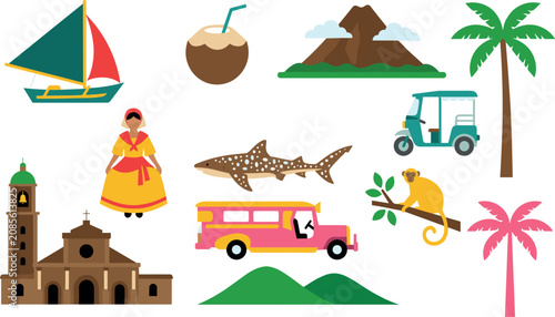 Bild auf Leinwand Philippines travel culture and landmarks vector flat icon set featuring jeepney