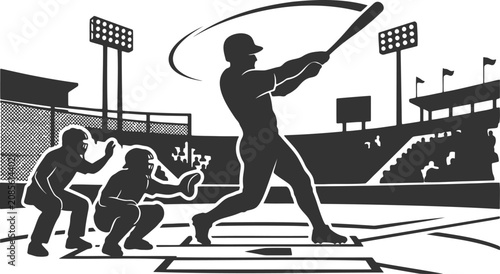 Photos Baseball batter hitting home run in stadium with catcher