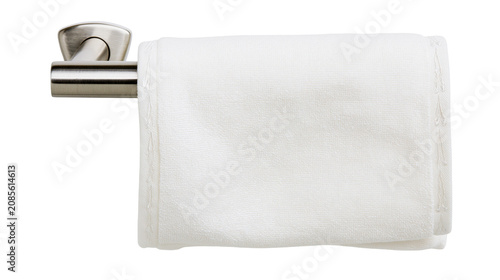 Bild auf Leinwand Brushed metal towel holder with white terry cloth towel
