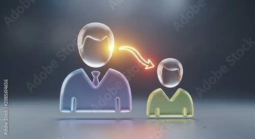 3D translucent abstract figures in blue-purple and green connected by a glowing orange curved arrow, representing guidance, transfer, or hierarchy.