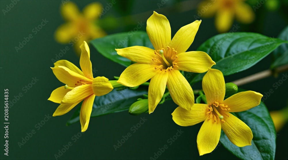 Obraz premium Close-up view of bright yellow jasmine flowers with green leaves and buds. Delicate petals unfurl against a soft dark background. Captures natural beauty.