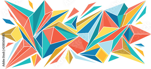 Vászonkép Vibrant abstract geometric background with overlapping polygonal shapes in a dynamic, crystalline pattern, featuring a bright palette of teal, orange, yellow, and blue
