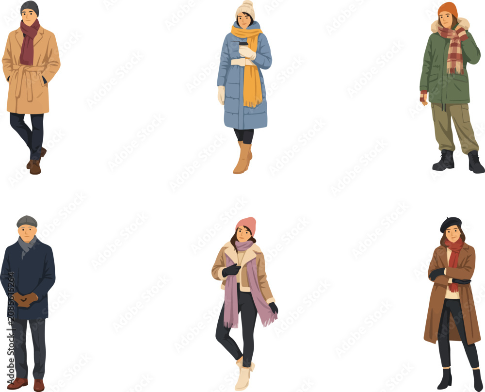 Fototapeta premium Diverse group of people in winter clothing full body illustrations