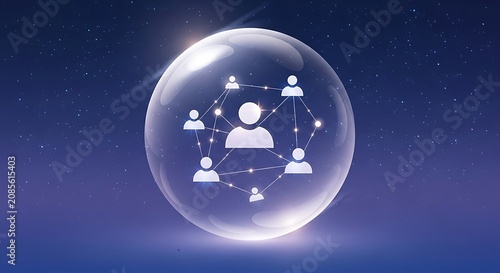 Translucent bubble with white human icons connected by lines and nodes, floating in a deep blue starry sky, representing social tech networking.