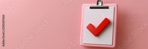 Pink clipboard with bold red check mark on pastel flat background for checklist banner and productivity layout design