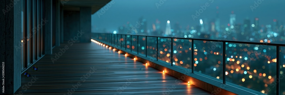Fototapeta premium Wooden deck balcony with glass railing and warm floor lights overlooking a blurred cityscape for evening wallpaper and background