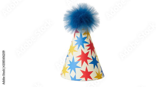 Party hat with blue pom-pom and star pattern
