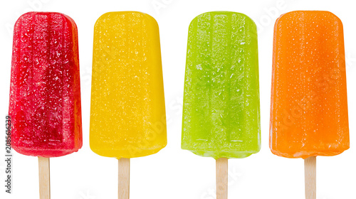 Four colorful fruit popsicles on sticks