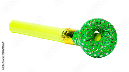 Photos Green party horn with white polka dots and yellow tube