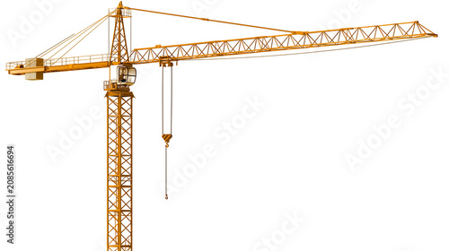 Yellow construction tower crane with hook and cable