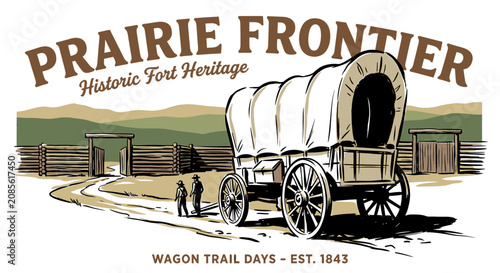 Fotografía Vintage American prairie frontier covered wagon at a historic log fort, retro graphic illustration for heritage festival and t-shirt design