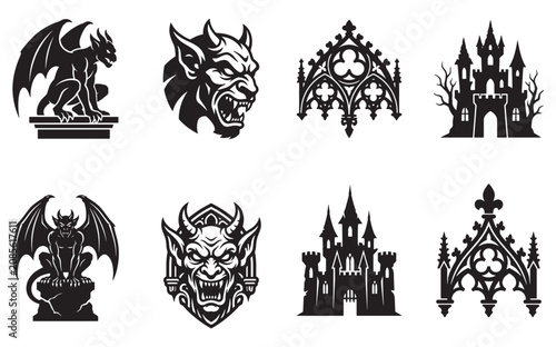 Halloween Gothic Gargoyle, Demon, and Castle Elements Set