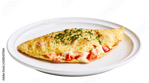 Obraz na płótnie Golden Omelette with Cheese and Tomato Filling Sprinkled with Chives