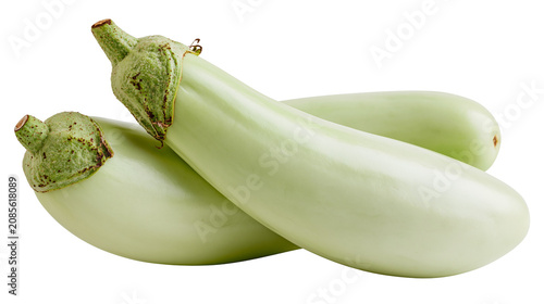 Canvas Print Two pale green eggplants with green stems and calyxes