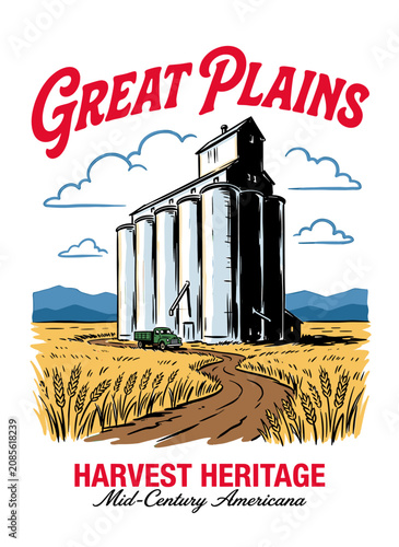 Vintage Great Plains grain elevator in a golden wheat field with farm truck, retro graphic illustration for t-shirt design and rural branding