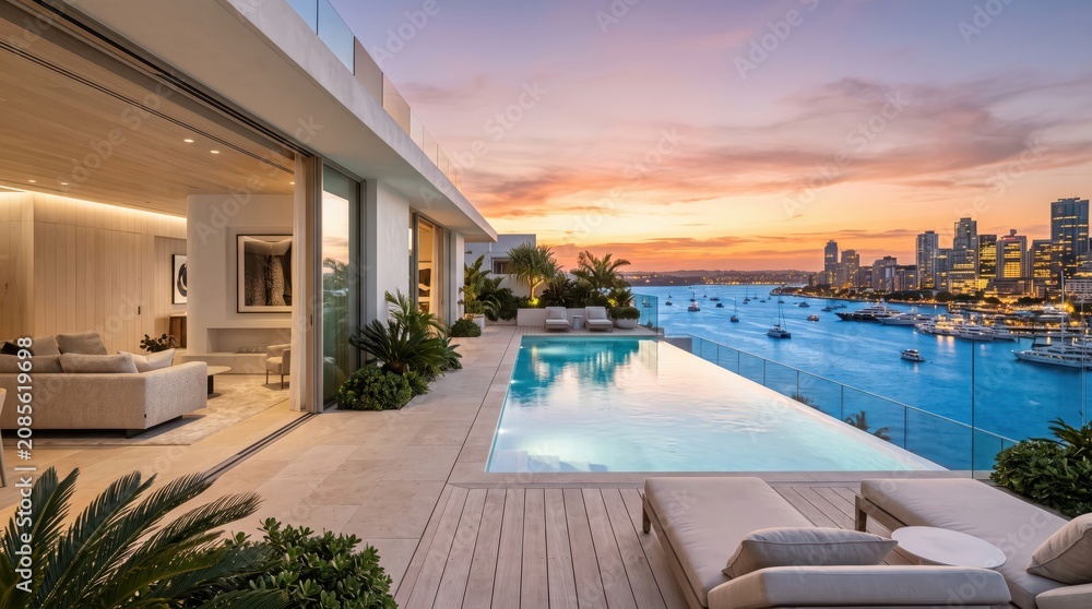 Fototapeta premium Luxury waterfront penthouse terrace with infinity pool and city skyline