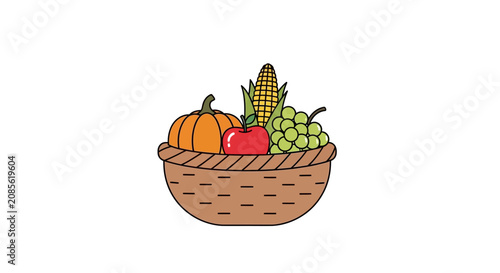A colorful illustration of a woven basket filled with fresh autumn harvest produce
