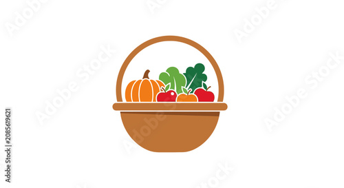 A simple flat vector illustration of a brown basket filled with fresh produce
