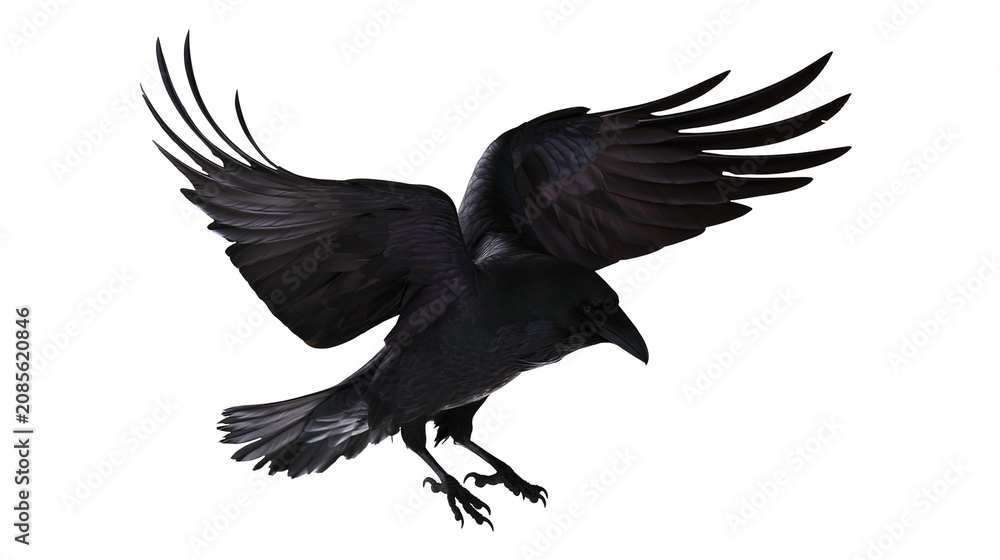 Naklejka premium Black raven bird with spread wings flying