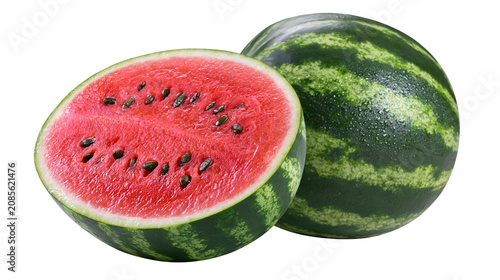 Quadro su tela Whole and halved watermelon with visible seeds and red flesh