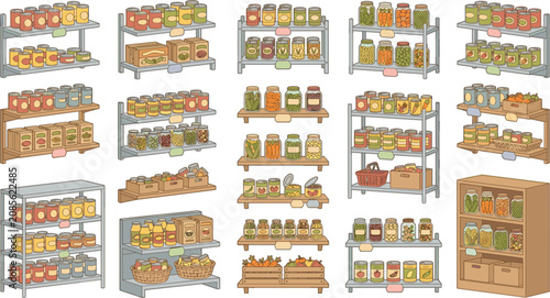 Hand Drawn Pantry Shelves with Glass Jars, Preserved Food, Storage Containers, and Kitchen Organization Vector Illustration Collection