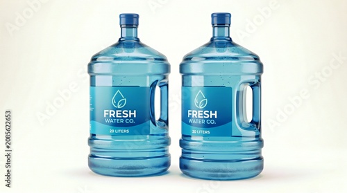 Two Large Blue Water Jugs With Handles and Fresh Water Co Branding on White Background