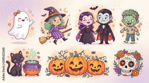 Charming halloween character set with witch vampire ghost and pumpkin illustrations