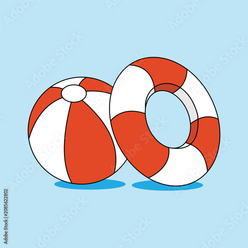 Vector illustration of a beach ball and a beach swim ring featuring a red-and-white striped pattern against a sea-blue background.