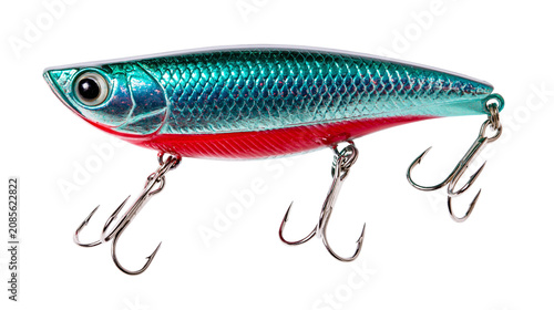 Fotografie Fishing lure with treble hooks, metallic green and red body