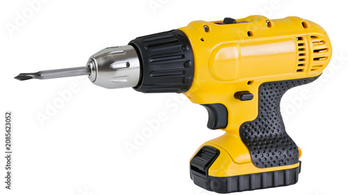 Photos Yellow cordless power drill with black grip and metal chuck