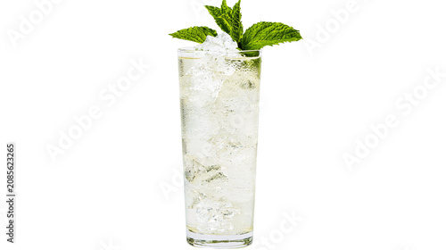 Tall glass of iced drink with mint leaves
