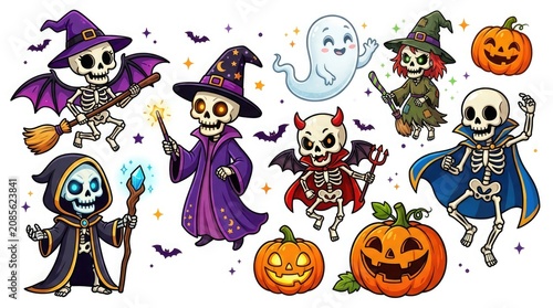 Cartoon halloween characters set with skeletons ghosts and pumpkins illustration