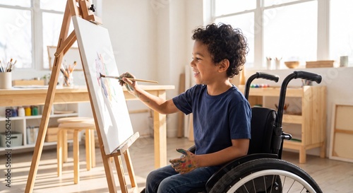 Smiling young child sitting in a wheelchair while enjoying painting on a canvas easel in a bright, sunlit art studio or classroom.