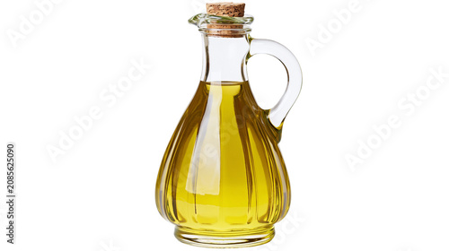 Photos Glass cruet filled with golden olive oil and cork stopper
